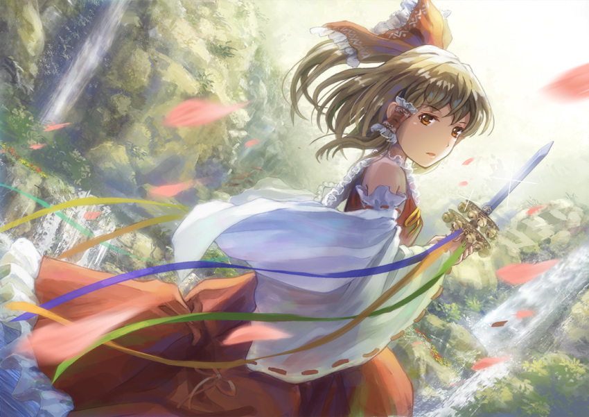 1girl bangs bare_shoulders bell bow brown_eyes brown_hair bush commentary_request dagger dated day detached_sleeves dutch_angle falling_petals frilled_bow frills hair_bow hair_tubes hakurei_reimu holding jingle_bell kagura_suzu long_hair long_sleeves looking_at_viewer looking_to_the_side miyai_haruki motion_blur nature open_mouth orange_eyes outdoors petals red_bow red_ribbon red_skirt red_vest revision ribbon ribbon-trimmed_sleeves ribbon_trim rock shiny shiny_hair signature skirt skirt_set solo sparkle sunlight touhou vest water waterfall weapon wide_sleeves wind yellow_ribbon