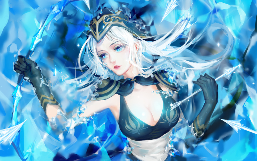1girl arrow ashe_(league_of_legends) blue_eyes bow_(weapon) breasts cleavage gloves highres hood league_of_legends lips long_hair medium_breasts parted_lips qidai sash shoulder_pads solo water weapon white_hair