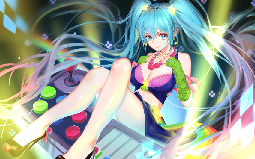1girl bare_shoulders bead_necklace beads blue_eyes blue_hair breasts bustier cleavage detached_sleeves earrings gradient_hair hair_ornament high_heels highres instrument jewelry keyboard_(instrument) large_breasts league_of_legends legs legs_crossed long_hair looking_at_viewer midriff miniskirt multicolored_hair nail_polish necklace pink_hair qidai ribbed_sleeves sitting skirt sleeves_past_wrists solo sona_buvelle star star_earrings star_hair_ornament twintails very_long_hair