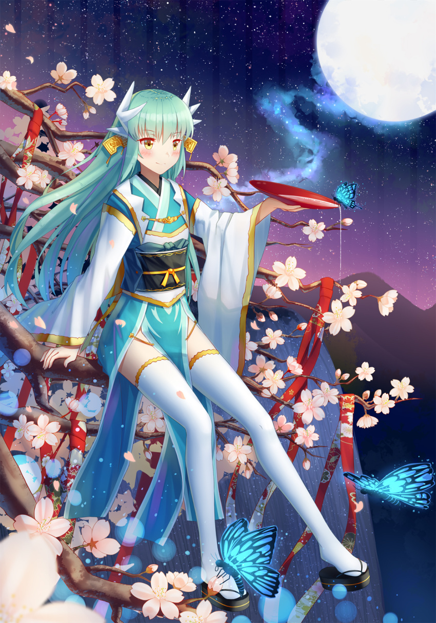1girl alcohol aqua_hair bangs blue_kimono blurry blush branch butterfly cherry_blossoms closed_mouth commentary_request cup depth_of_field eyebrows_visible_through_hair fate/grand_order fate_(series) floating_hair full_body full_moon glowing_butterfly gradient_sky hair_between_eyes hair_ornament highres horns in_tree japanese_clothes ji_dao_ji kimono kiyohime_(fate/grand_order) light_particles long_hair long_sleeves looking_away moon mountain night night_sky obi pelvic_curtain sakazuki sake sandals sash shiny shiny_hair sitting sky smile solo spilling star_(sky) starry_sky thigh-highs tree white_legwear wide_sleeves yellow_eyes
