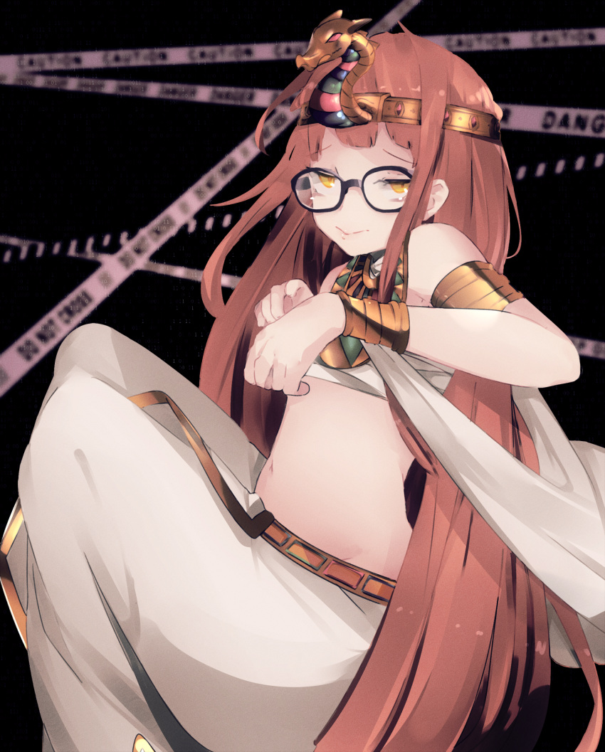 1girl armlet bangs bare_shoulders caution_tape egyptian_clothes glasses highres jewelry long_hair navel orange_hair persona persona_5 sakura_futaba shadow_(persona) solo yellow_eyes