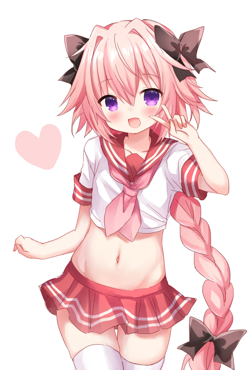 1boy :d black_ribbon blush braid eyebrows_visible_through_hair fang fate/apocrypha fate/grand_order fate_(series) hair_ribbon heart highres long_hair looking_at_viewer male_focus midriff navel open_mouth otoko_no_ko pink_hair pink_skirt ribbon rider_of_black school_uniform serafuku shiodome_oji simple_background skirt smile solo thigh-highs v violet_eyes white_background white_legwear zettai_ryouiki