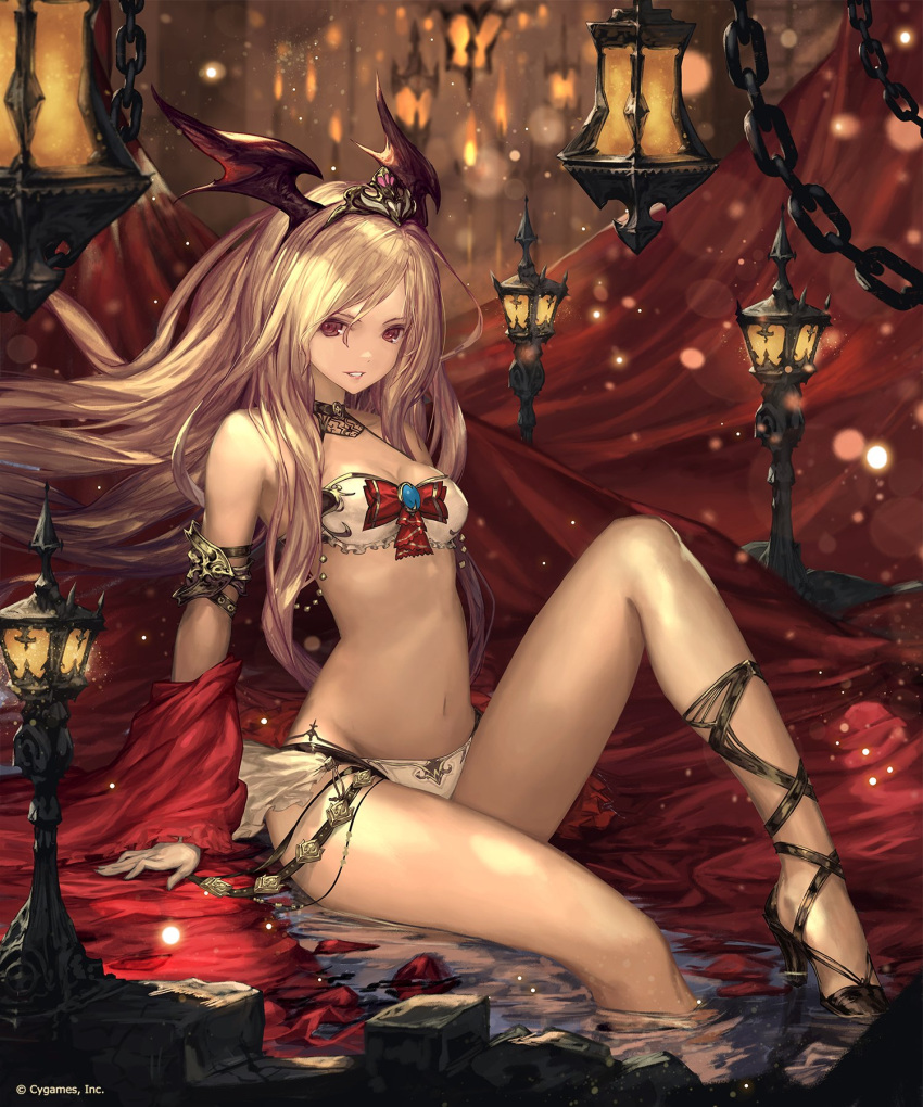 1girl arm_support armor bare_legs bare_shoulders bikini blonde_hair breasts chains cleavage cloth commentary_request copyright_name cygames gem groin head_wings headgear high_heels highres indoors knee_up lantern lens_flare long_hair looking_at_viewer medium_breasts no_socks official_art parted_lips queen_vampire_(shadowverse) red_eyes reflection shadowverse shoes sitting sitting_on_water soaking_feet solo stomach swimsuit tachikawa_mushimaro water watermark