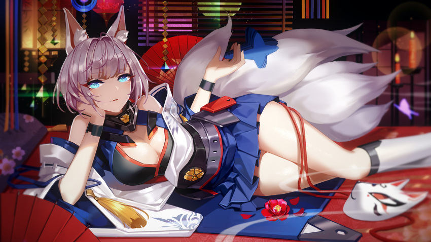 1girl animal_ears bangs bare_shoulders bilan_hangxian blue_eyes blue_skirt blunt_bangs blush breasts cleavage commentary_request cowlick detached_sleeves fan flower folding_fan fox_ears fox_mask fox_tail hakama_skirt highres indoors kaga_(bilan_hangxian) kikumon large_breasts long_sleeves looking_at_viewer lying mask multiple_tails on_side parted_lips pleated_skirt revision shikigami short_hair silver_hair skirt socks solo tail thighs white_legwear wide_sleeves zjsstc