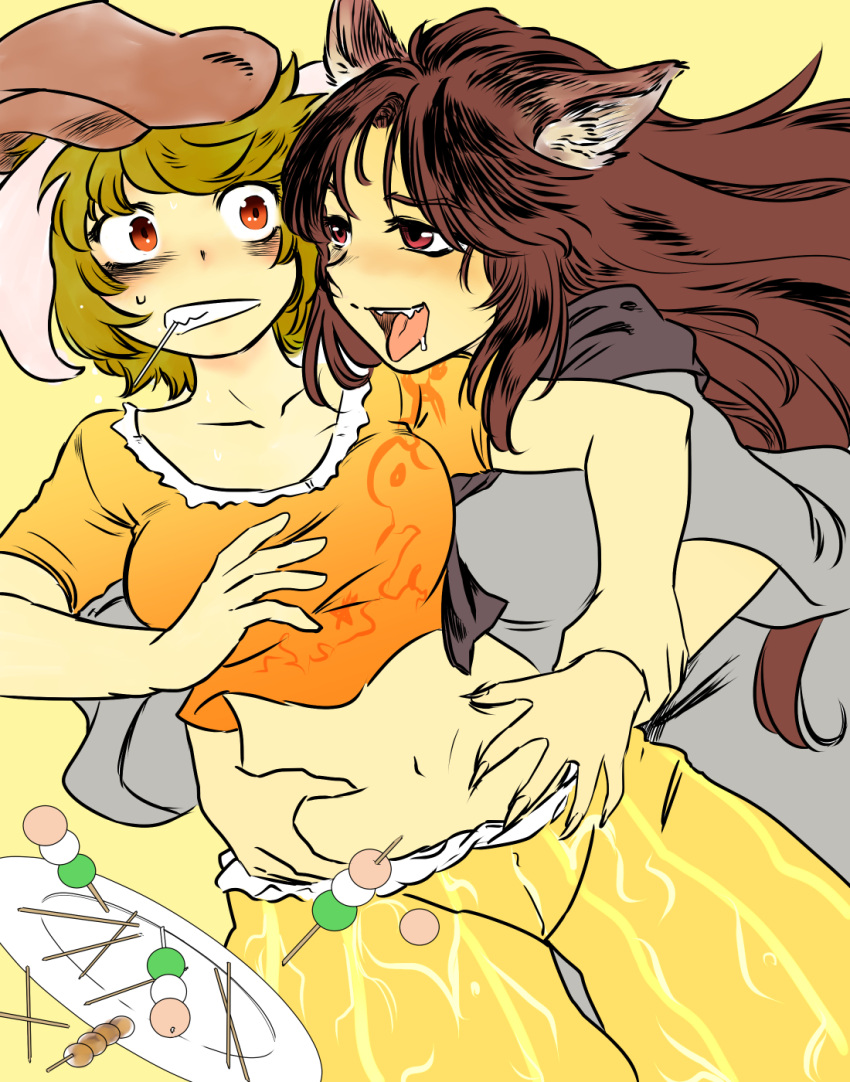 2girls :d animal_ears arm_grab belly_grab blonde_hair blush brown_hair clenched_teeth collarbone commentary_request cropped_shirt dokutaa_hakase dress drooling eyebrows_visible_through_hair fangs fingernails floating_hair floppy_ears food glomp half-closed_eyes hand_on_another's_arm hand_on_another's_stomach hand_up hat highres hug imaizumi_kagerou long_hair looking_at_another midriff multiple_girls navel open_mouth orange_shirt pinching plate rabbit_ears red_eyes ringo_(touhou) sharp_fingernails shirt short short_hair short_sleeves shorts simple_background smile stomach sweat teeth tongue tongue_out touhou upper_body wagashi wide-eyed wide_sleeves wolf_ears yellow_background