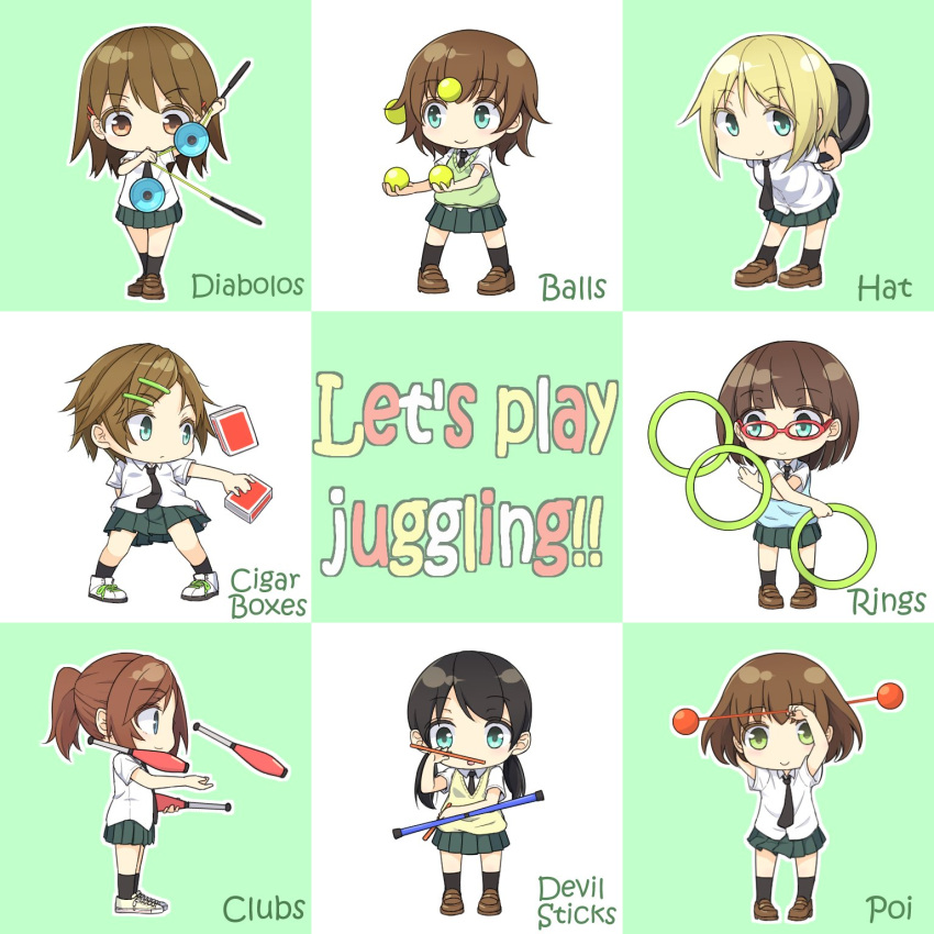 6+girls :/ aqua_eyes arm_behind_back ball bangs beige_sweater black_hair black_hat black_legwear black_necktie blonde_hair blue_sweater blunt_bangs brown_eyes brown_hair brown_shoes chibi chintara10 cigar_box closed_mouth collared_shirt colored_eyelashes commentary_request crossed_arms devil_sticks diabolo english eyebrows_visible_through_hair full_body glasses green_eyes green_skirt green_sweater hair_ornament hairclip hat head_tilt highres holding holding_hat jewelry juggling juggling_club kneehighs leaning_forward loafers long_hair looking_at_viewer low_twintails multiple_girls necktie original outline parted_lips pleated_skirt ponytail profile red-framed_eyewear ring school_uniform shirt shoes short_sleeves skirt smile standing sweater sweater_vest twintails white_shirt white_shoes wing_collar yo-yo