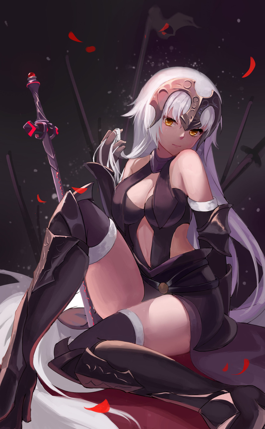 1girl absurdres bangs black_dress black_gloves black_legwear breasts cleavage closed_mouth commentary_request dress elbow_gloves fate/grand_order fate_(series) faulds fur_trim gloves greaves grey_hair hand_up headpiece highres jeanne_alter large_breasts legs loading_(vkjim0610) long_hair looking_at_viewer petals planted_sword planted_weapon revision ruler_(fate/apocrypha) sitting solo sword thigh-highs thighs vambraces very_long_hair weapon yellow_eyes