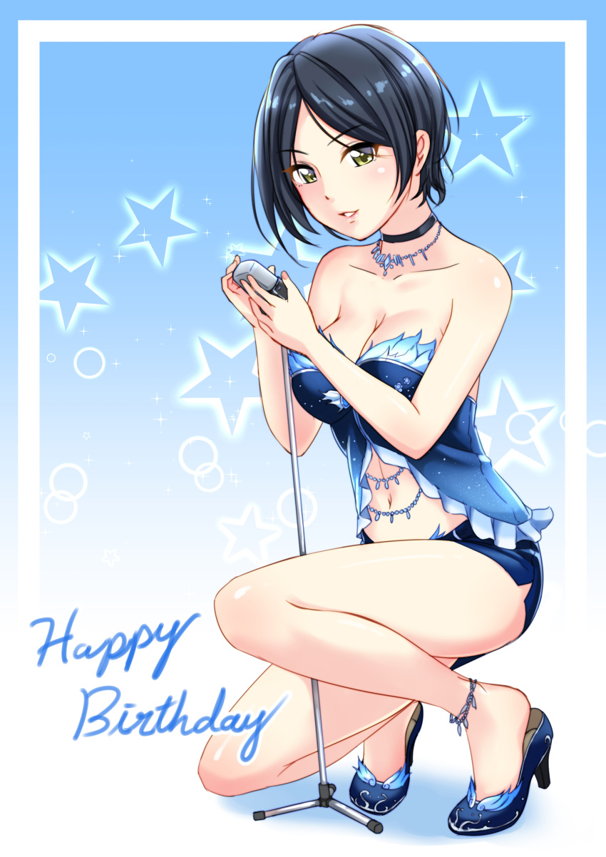 1girl absurdres black_hair blue_background blush breasts choker cleavage eyebrows_visible_through_hair feet gradient gradient_background happy_birthday hayami_kanade high_heels highres holding holding_microphone idolmaster idolmaster_cinderella_girls jakelian large_breasts looking_at_viewer microphone microphone_stand navel parted_lips short_hair smile solo star yellow_eyes