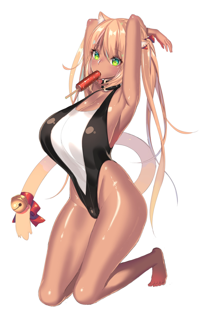 1girl animal_ears armpits arms_behind_back arms_up barefoot breasts brown_hair cat_ears cat_tail collar green_eyes highleg_swimsuit highres huatu_jiang huge_breasts jingle_bell kneeling long_hair looking_at_viewer mouth_hold one-piece_swimsuit popsicle simple_background solo tail tail_bell tail_bow thighs very_long_hair white_background