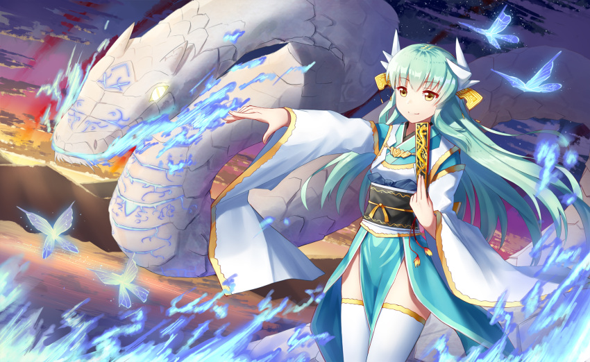 1girl aqua_hair bangs blue_kimono butterfly closed_mouth clouds cloudy_sky commentary_request dragon eyebrows_visible_through_hair fan fate/grand_order fate_(series) furisode glowing glowing_butterfly glowing_eyes gradient_sky hair_ornament highres holding holding_fan horns japanese_clothes ji_dao_ji kimono kiyohime_(fate/grand_order) legs_together long_hair long_sleeves looking_away magic mountain obi ocean orange_sky outdoors outstretched_arm sash shiny shiny_hair sky smile standing star_(sky) starry_sky thigh-highs twilight white_legwear wind yellow_eyes