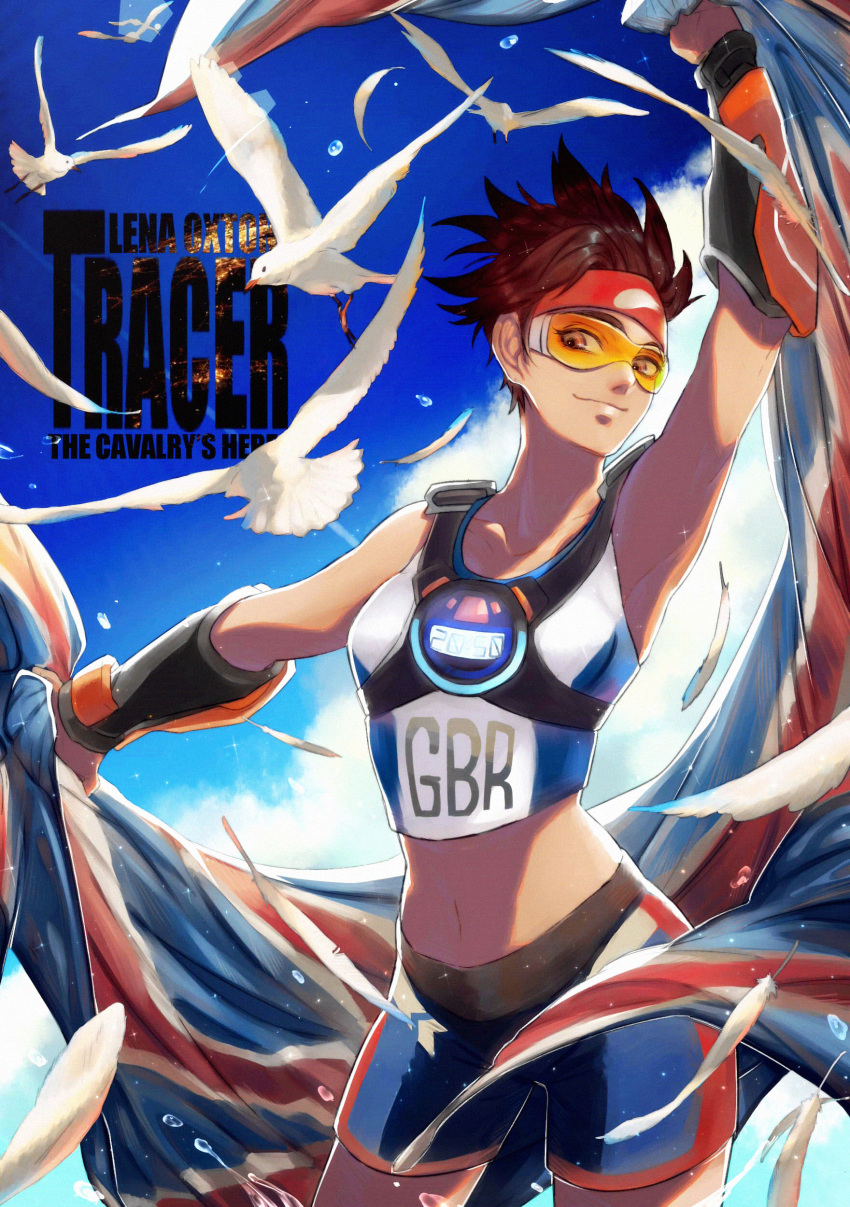 1girl absurdres arm_up bird brown_eyes brown_hair character_name contrapposto cowboy_shot crop_top ez_1011 flag goggles headband highres looking_at_viewer midriff navel outstretched_arm overwatch seagull short_hair shorts smile solo spiky_hair sportswear sprinter_tracer tracer_(overwatch) track_and_field union_jack