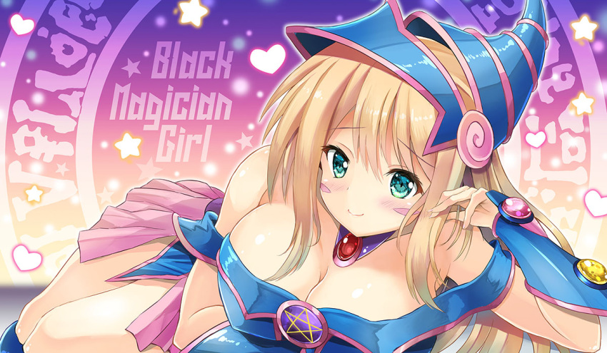 bare_shoulders blonde_hair blush blush_stickers breasts character_name cleavage dark_magician_girl duel_monster green_eyes hat heart large_breasts long_hair lying magical_girl official_art on_stomach pentagram pink_skirt skirt smile star suzuta_yume vambraces wizard_hat yu-gi-oh!
