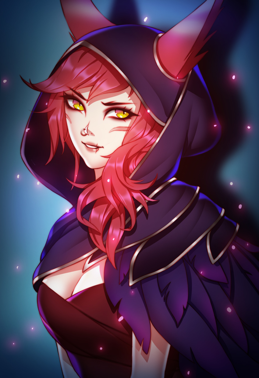 1girl absurdres animal_ears breasts cleavage cloak eyebrows_visible_through_hair eyelashes facial_mark feathers highres hood_up league_of_legends light_particles long_hair looking_at_another medium_breasts nose_piercing parted_lips patreon_reward piercing pink_lady_mage redhead scar solo upper_body xayah yellow_eyes
