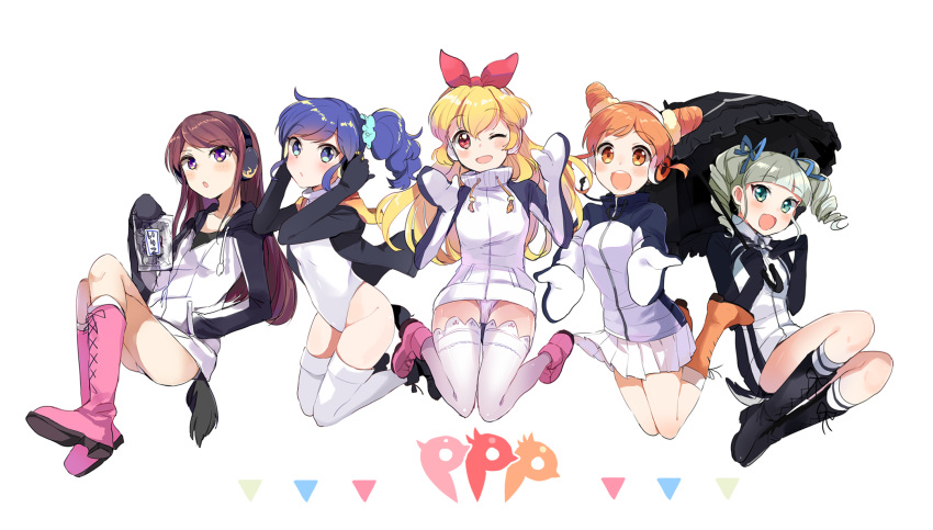 5girls :d :o ;d aikatsu! aqua_eyes arisugawa_otome arms_up ass bangs black_gloves blonde_hair blue_eyes blue_hair blue_ribbon blunt_bangs boots cosplay double_bun drill_hair emperor_penguin_(kemono_friends) emperor_penguin_(kemono_friends)_(cosplay) eyebrows_visible_through_hair food full_body gentoo_penguin_(kemono_friends) gentoo_penguin_(kemono_friends)_(cosplay) gloves green_hair groin hair_ornament hair_ribbon hair_scrunchie hand_in_pocket headphones highres holding holding_food holding_umbrella hood hood_down hooded_jacket hoshimiya_ichigo humboldt_penguin_(kemono_friends) humboldt_penguin_(kemono_friends)_(cosplay) jacket jumping kemono_friends kiriya_aoi legs_crossed legs_up leotard long_hair long_sleeves looking_at_viewer mittens multiple_girls one_eye_closed open_mouth orange_boots orange_eyes orange_hair otk_do outstretched_arms panties pantyshot parasol penguins_performance_project_(kemono_friends) pink_boots pleated_skirt pocket purple_hair red_eyes red_ribbon ribbon rockhopper_penguin_(kemono_friends) rockhopper_penguin_(kemono_friends)_(cosplay) round_teeth royal_penguin_(kemono_friends) royal_penguin_(kemono_friends)_(cosplay) scrunchie shibuki_ran short_hair side_ponytail sidelocks simple_background skirt smile tail teeth thigh-highs toudou_yurika triangle twin_drills twintails umbrella underwear violet_eyes white_background white_legwear white_leotard white_panties white_skirt