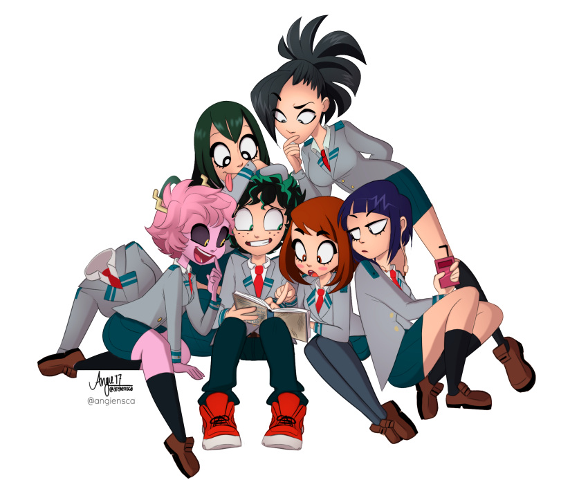 1boy 6+girls :d angiensca artist_name ashido_mina asui_tsuyu black_eyes black_hair black_legwear black_sclera blue_hair blush_stickers boku_no_hero_academia brown_eyes dated earplugs green_hair green_pants green_skirt grey_eyes grey_legwear hagakure_tooru high_ponytail highres horns invisible jack_plug jirou_kyouka juice_box leaning_on_person loafers long_hair long_sleeves long_tongue looking_at_another messy_hair midoriya_izuku multiple_girls necktie notebook open_mouth pants pantyhose pink_hair pink_skirt pleated_skirt pointing ponytail reading red_necktie red_shoes school_uniform shoes short_hair sidelocks signature simple_background sitting skirt smile sneakers socks teeth tongue tongue_out twitter_username uraraka_ochako white_background yaoyorozu_momo yellow_eyes