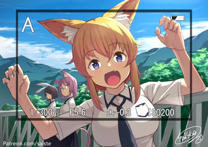 3girls :d animal_ears black_neckwear blonde_hair brown_hair claw_pose clouds commentary day eyebrows_visible_through_hair fang fox_ears glasses hair_between_eyes hair_ornament hairclip looking_at_viewer mountain multiple_girls necktie open_mouth original outdoors patreon_username pink_hair rabbit_ears railing saiste school_uniform shirt short_hair signature smile viewfinder violet_eyes white_shirt yellow_eyes