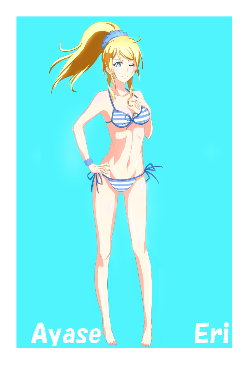 1girl absurdres ass_visible_through_thighs ayase_eli barefoot bikini blonde_hair blue_eyes breasts character_name cleavage front-tie_top groin hand_on_hip hand_on_own_hip high_ponytail highres love_live! love_live!_school_idol_project mebi_(mebieru) medium_breasts one_eye_closed ponytail side-tie_bottom smile solo striped striped_bikini swimsuit white_border