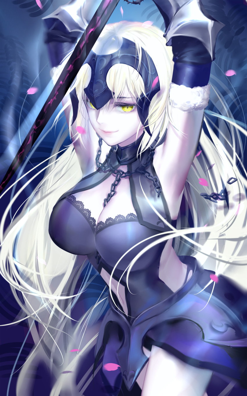 absurdres armor armored_dress armpits arms_up black_dress black_gloves breasts cleavage dress elbow_gloves fate/grand_order fate_(series) fur_trim gloves headpiece highres jeanne_alter large_breasts long_hair looking_at_viewer navel_cutout qidai ruler_(fate/apocrypha) smile sword very_long_hair weapon white_hair yellow_eyes