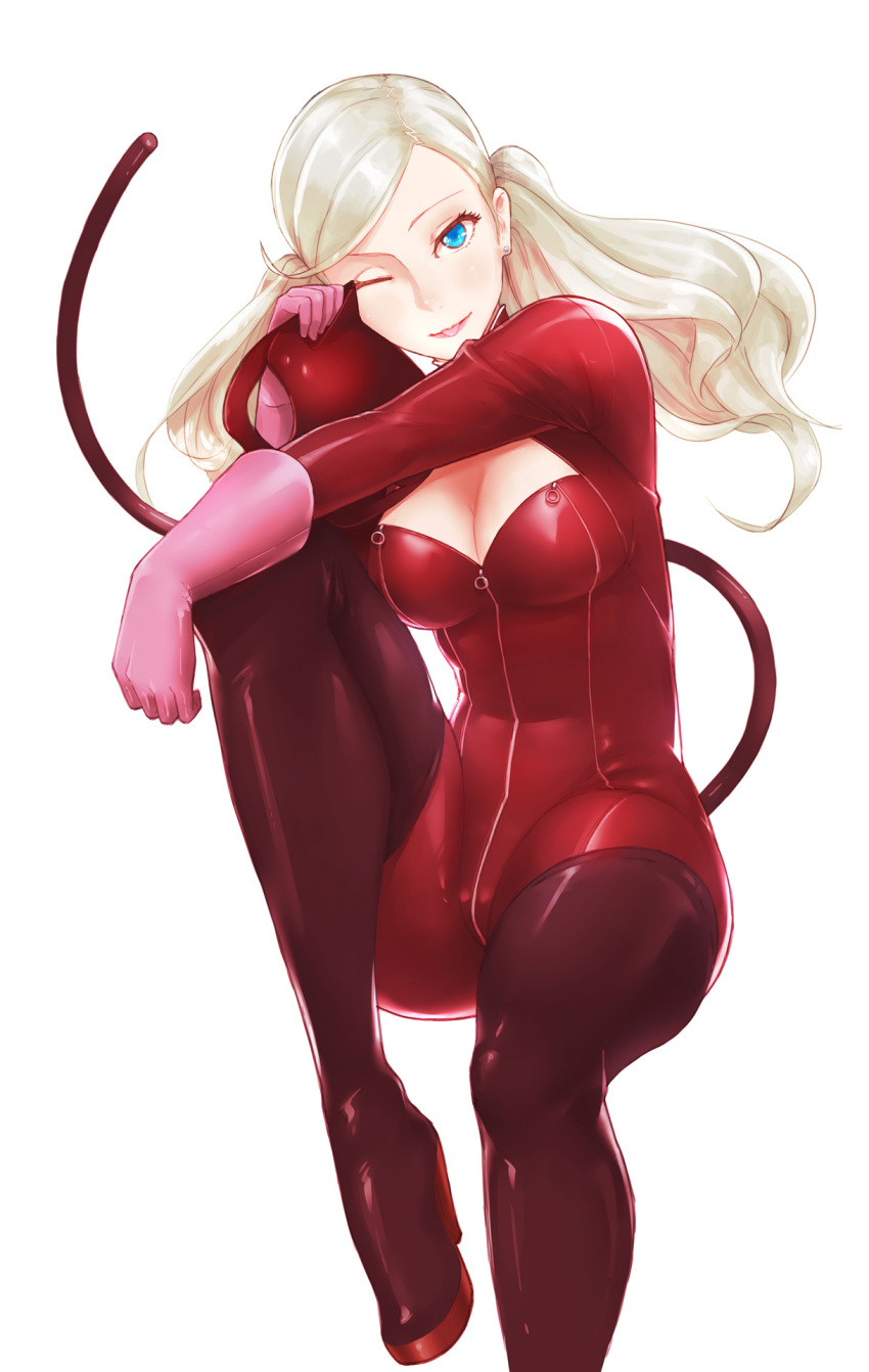 1girl :p blonde_hair blue_eyes boots breasts cat_mask cleavage fake_tail gloves highres kuso_otoko latex looking_at_viewer mask mask_removed persona persona_5 solo takamaki_anne thigh-highs thigh_boots tongue tongue_out twintails zipper