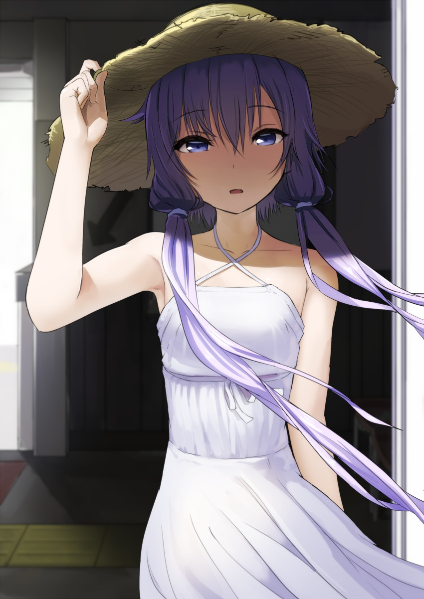 1girl abmayo arm_up bangs bare_arms bare_shoulders collarbone cowboy_shot directional_arrow dress eyebrows_visible_through_hair flat_chest hair_between_eyes hair_ornament hand_on_headwear hat highres looking_at_viewer open_mouth purple_hair short_hair_with_long_locks sidelocks sleeveless solo straw_hat sun_hat sundress sunlight violet_eyes vocaloid voiceroid white_dress wind yuzuki_yukari