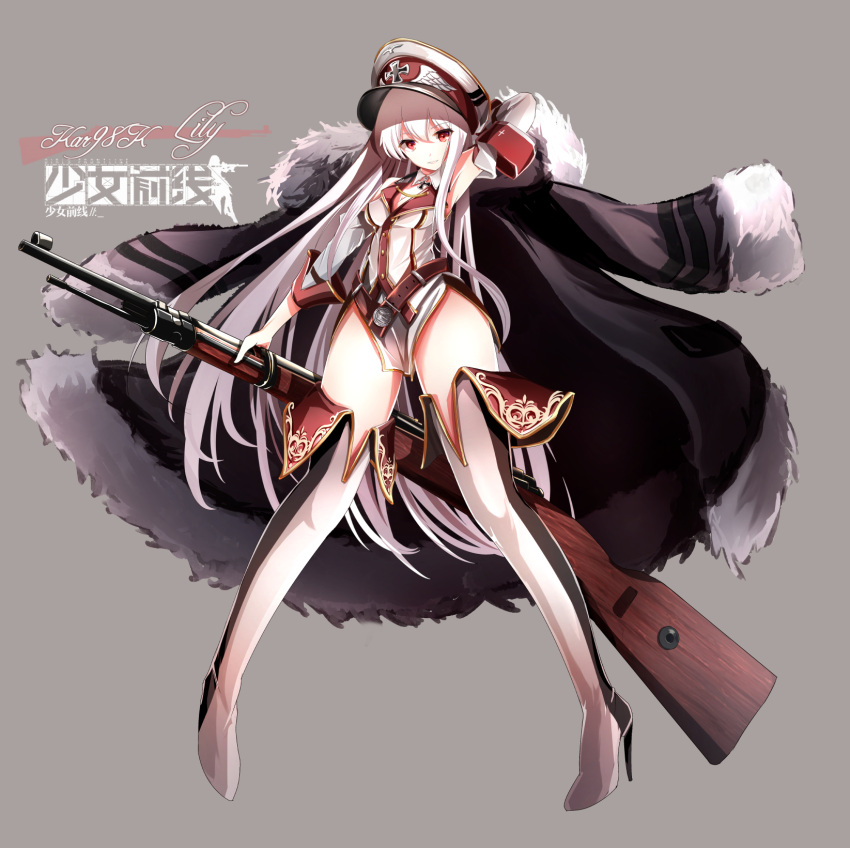 1girl arm_up armband blush bolt_action breasts character_name cleavage girls_frontline gun haguruma_(hagurumali) hat highleg highres holding holding_gun holding_weapon kar98k_(girls_frontline) large_breasts looking_at_viewer mauser_98 parted_lips red_eyes smile solo weapon white_hair