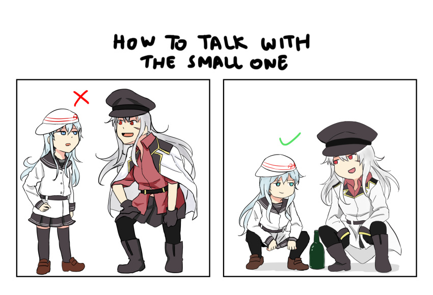 10s 2girls blue_eyes blue_hair bottle comic commentary_request elbows_on_knees flat_cap gangut_(kantai_collection) gopnik grey_hair hammer_and_sickle hand_on_hip hat hibiki_(kantai_collection) highres jacket_on_shoulders kantai_collection long long_hair long_sleeves meme multiple_girls open_mouth pantyhose peaked_cap pleated_skirt red_eyes remodel_(kantai_collection) rukialice scar_on_cheek shadow skirt smile squatting thigh-highs verniy_(kantai_collection) white_background