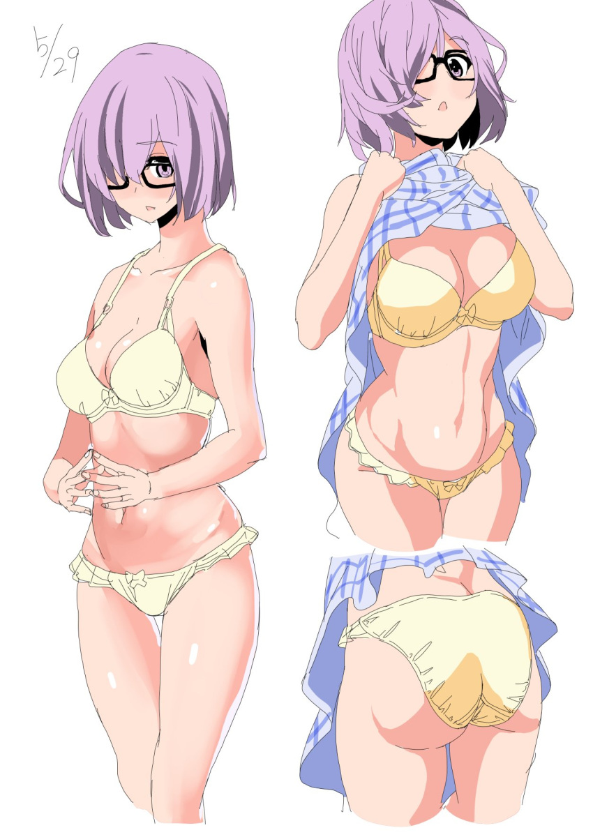 1girl ass bangs black-framed_eyewear blue_dress bow bow_bra bow_panties bra butt_crack checkered checkered_dress commentary_request date_(senpen) dated dress dress_lift fate/grand_order fate_(series) fingers_together glasses highres multiple_views panties purple_hair shielder_(fate/grand_order) short_dress short_hair simple_background sketch standing thigh_gap underwear underwear_only violet_eyes white_background yellow_bra yellow_panties