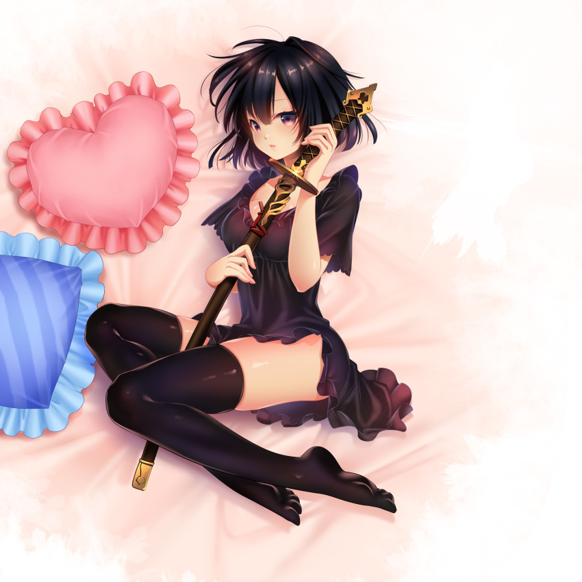 1girl absurdres bangs bed_sheet bent_knees between_legs black_dress black_hair black_legwear breasts collarbone dress erika_(shadowverse) expressionless eyebrows_visible_through_hair frilled_dress frilled_pillow frills from_above full_body glint hair_between_eyes heart heart_pillow highres holding holding_sword holding_weapon katana legs looking_at_viewer looking_to_the_side lying medium_breasts nightgown on_side parted_lips pillow scabbard shadowverse sheath sheathed shiny shiny_clothes shiny_hair shiny_skin short_hair short_sleeves skindentation solo sword thigh-highs toes violet_eyes weapon yuitanpo