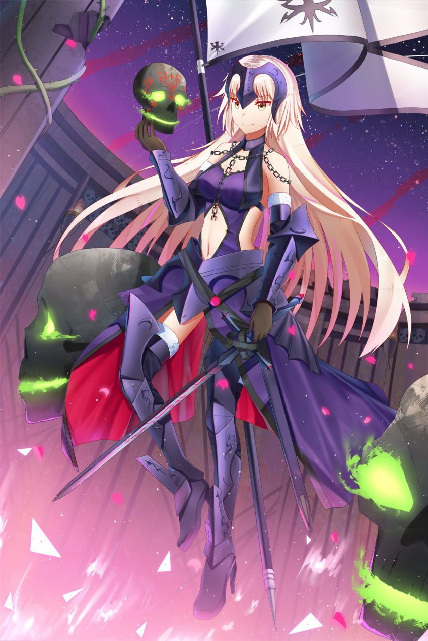 1girl armor armored_boots armored_dress bangs banner bare_shoulders black_boots black_gloves black_legwear blonde_hair boots breasts chains closed_mouth commentary_request dress elbow_gloves eyebrows_visible_through_hair fate/grand_order fate_(series) faulds floating full_body fur-trimmed_gloves fur-trimmed_legwear fur_trim gloves glowing glowing_eyes hand_up headpiece high_heel_boots high_heels highres holding holding_skull holding_sword holding_weapon jeanne_alter ji_dao_ji long_hair looking_away medium_breasts multicolored multicolored_clothes multicolored_dress navel navel_cutout night night_sky outdoors pillar purple_dress purple_sky red_dress ruler_(fate/apocrypha) skull sky smile solo star_(sky) starry_sky sword thigh-highs thorns tsurime vambraces very_long_hair weapon wind yellow_eyes