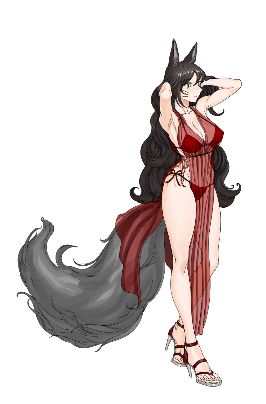 1girl absurdres ahri alternate_costume alternate_hairstyle animal_ears bare_shoulders black_hair bra breasts cleavage collarbone facial_mark fox_ears fox_tail groin highres large_breasts league_of_legends long_hair navel panties red_bra red_panties see-through simple_background slit_pupils solo tail underwear whisker_markings white_background yellow_eyes