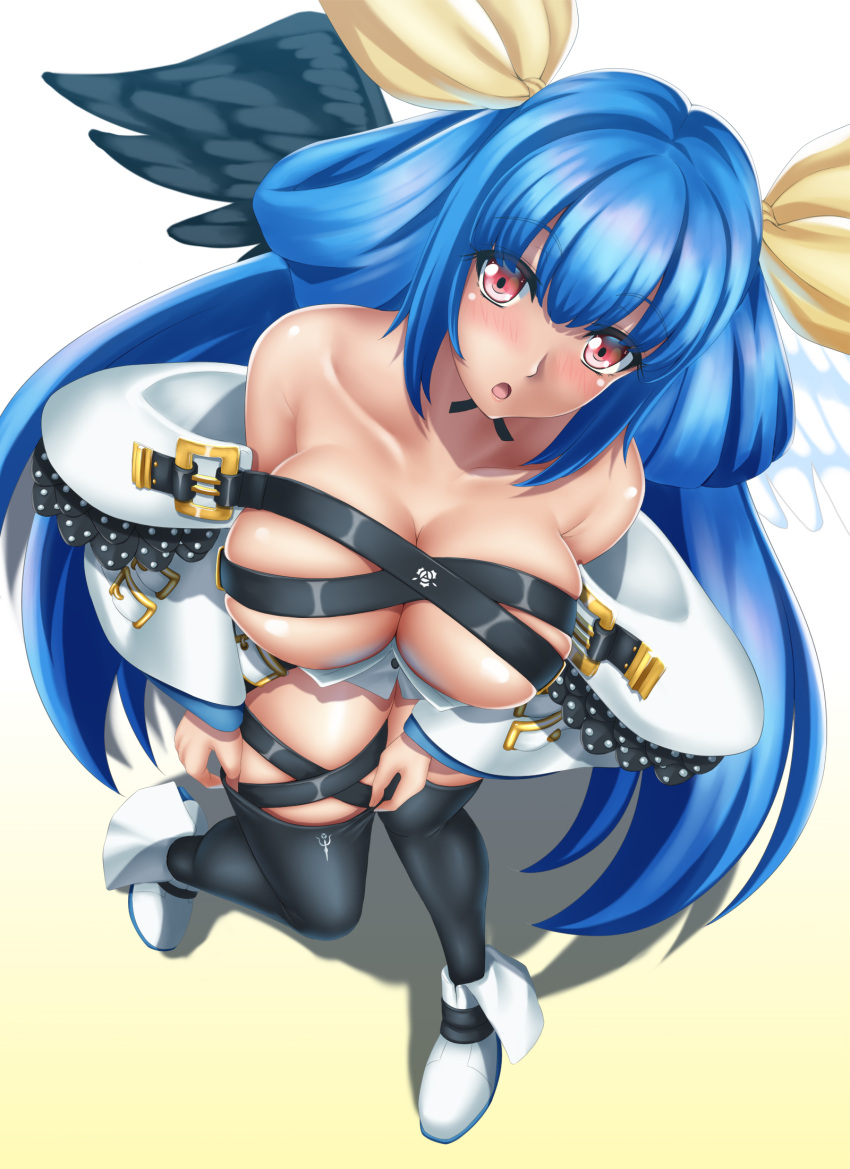 1girl :o bare_shoulders black_legwear blue_hair breasts cleavage dizzy from_above guilty_gear highres large_breasts long_hair parted_lips red_eyes revision simple_background solo tama_(tamakaka1031) thigh-highs very_long_hair white_background