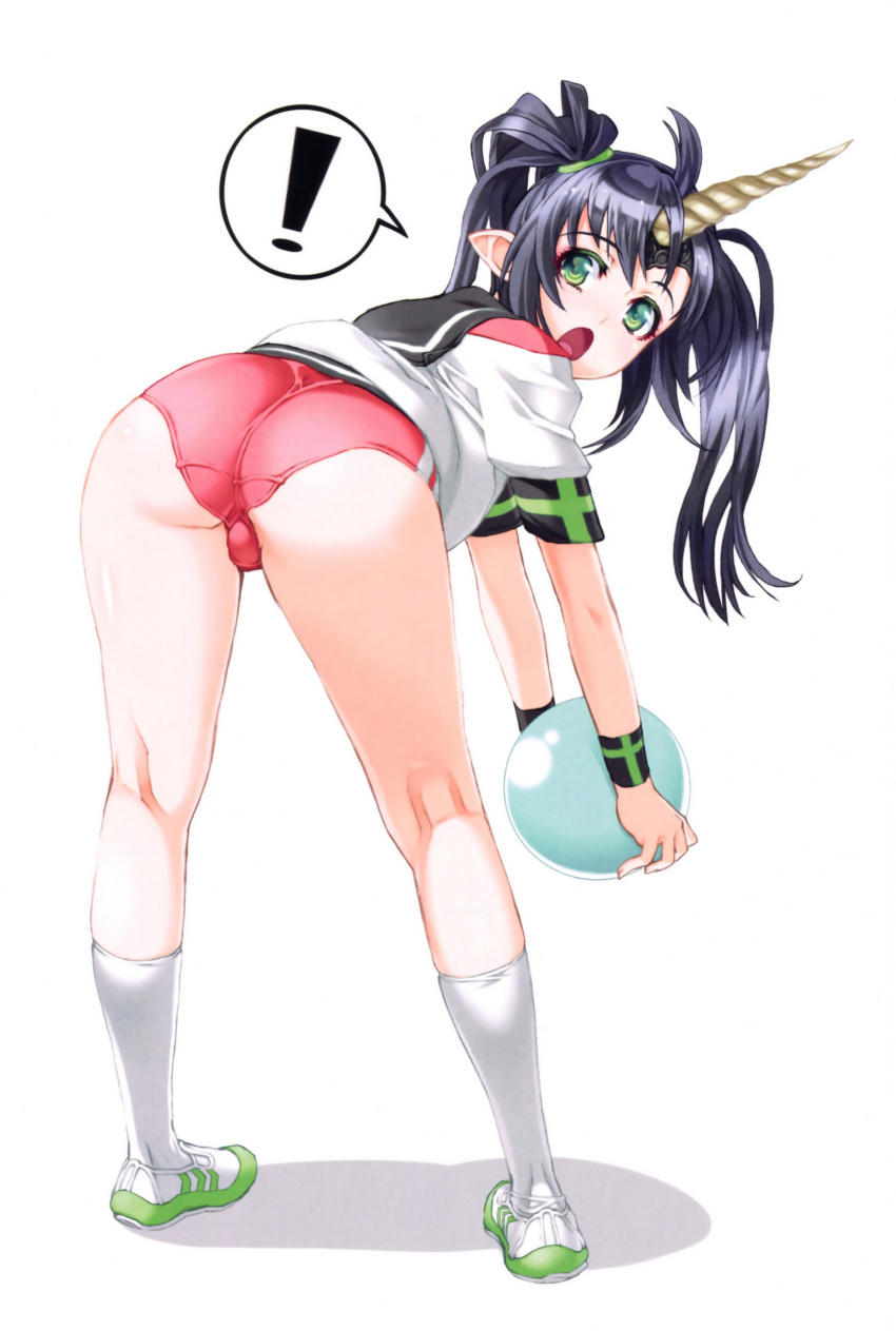 ! 1girl :o absurdres ahoge ass back ball bangs beelzebub_(the_seven_deadly_sins) bent_over black_hair black_sailor_collar buruma eyebrows_visible_through_hair eyelashes fingernails from_behind full_body green_eyes gym_uniform hair_ornament hair_tie highres holding holding_ball horn kneehighs legs legs_apart long_hair looking_at_viewer looking_back nishii_(nitroplus) open_mouth parted_bangs pointy_ears purple_hair sailor_collar scan shadow shirt shoes short_sleeves simple_background solo spoken_exclamation_mark standing the_seven_deadly_sins twintails white_background white_legwear white_shirt white_shoes