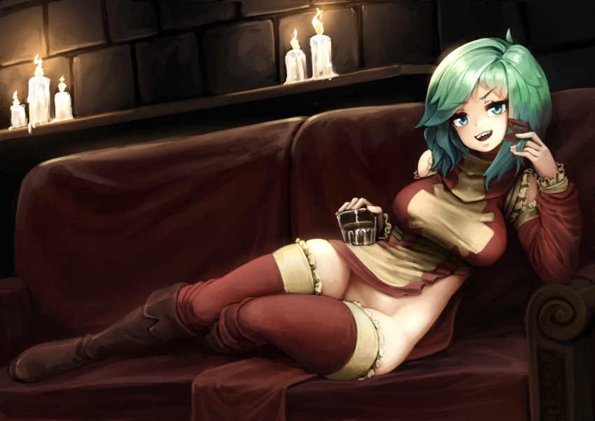 &gt;:d 1girl :d barbariank boots brick_wall candle commentary couch cup detached_sleeves drinking_glass elbow_rest full_body green_eyes green_hair hair_twirling indoors knee_boots long_hair looking_at_viewer no_panties open_mouth original pelvic_curtain reclining red_legwear sharp_teeth smile solo taut_clothes teeth thigh-highs