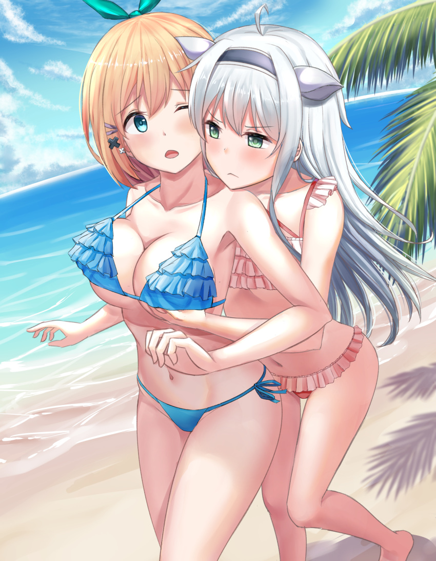 &gt;:&lt; 2girls :&lt; absurdres ahoge animal_ears bangs beach bikini blonde_hair blue_bikini blue_eyes blush breast_envy breast_grab breasts cleavage closed_mouth clouds cloudy_sky collarbone day fisheye frilled_bikini frills grabbing grabbing_from_behind green_eyes groping hair_ornament hairband hand_under_clothes highres horizon large_breasts long_hair looking_at_another mizuha_(zxass0612) multiple_girls navel ocean one_eye_closed outdoors palm_tree red_bikini revision rokudenashi_majutsu_koushi_to_akashic_record rumia_tingel shore short_hair side-tie_bikini silver_hair sistine_fiber sky standing strap_gap sunlight surprised swimsuit tree under_boob wince x_hair_ornament