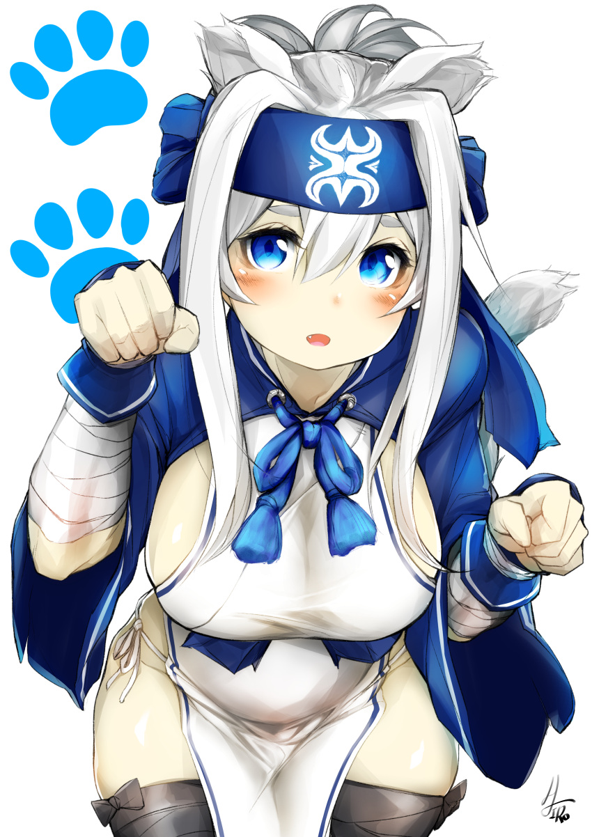 1girl absurdres ainu_clothes animal_ears bandage bandaged_arm bandanna bent_over blue_eyes blush breasts cowboy_shot dog_ears dog_tail fang folded_ponytail hair_between_eyes headband highres hiro_(yuto_noirm08) kamoi_(kantai_collection) kantai_collection large_breasts long_hair long_sleeves looking_at_viewer open_mouth panties paw_print pelvic_curtain side-tie_panties sideboob sidelocks solo tail thick_eyebrows thigh-highs underwear white_hair