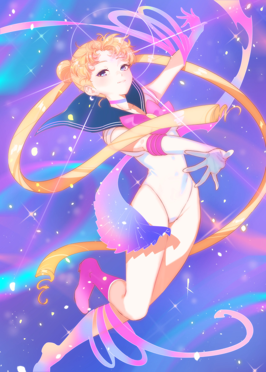 1girl absurdres aruterra bishoujo_senshi_sailor_moon boots bow choker double_bun gloves hair_bun highres leotard looking_at_viewer magical_girl multicolored multicolored_background ribbon_choker sailor_collar sailor_moon smile solo transformation tsukino_usagi twintails white_gloves