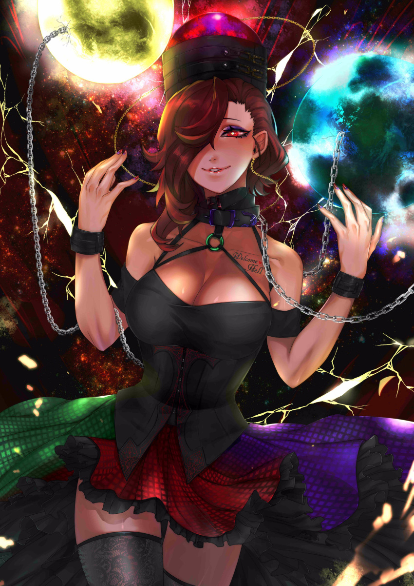 1girl absurdres bifrst bracelet breasts chains choker cleavage corset eyelashes hair_over_eyes hat hecatia_lapislazuli highres jewelry multicolored multicolored_clothes multicolored_skirt nail_polish planet red_eyes redhead skirt smirk solo text thigh-highs touhou wavy_hair