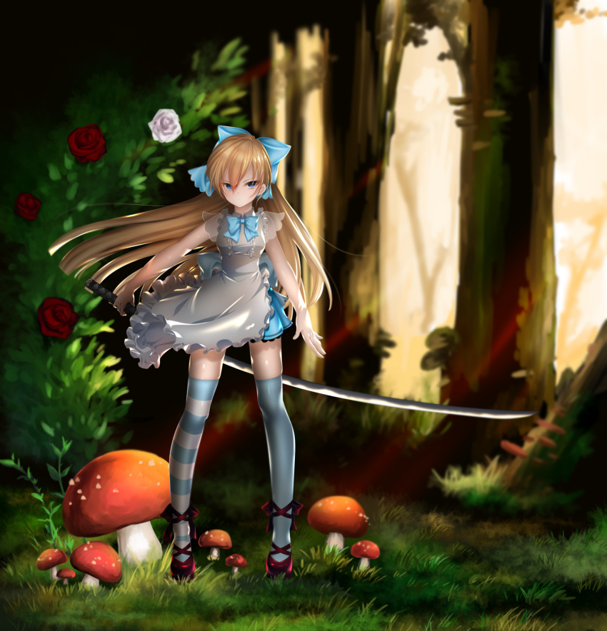1girl alice_(wonderland) alice_in_wonderland arm_at_side bangs blonde_hair blue_bow blue_bowtie blue_eyes blue_legwear blurry blurry_background bow bowtie center_frills closed_mouth commentary_request day dress flower frilled_dress frills full_body giant_mushroom grass hair_between_eyes hair_bow highres holding holding_sword holding_weapon legs_apart light_rays long_hair looking_at_viewer mismatched_legwear mushroom nature ootachi original outdoors red_rose red_shoes rose rose_bush serious shoes short_dress sleeveless sleeveless_dress solo standing straight_hair striped striped_legwear sword thigh-highs tree tsurime very_long_hair weapon white_dress white_rose wind yuitanpo
