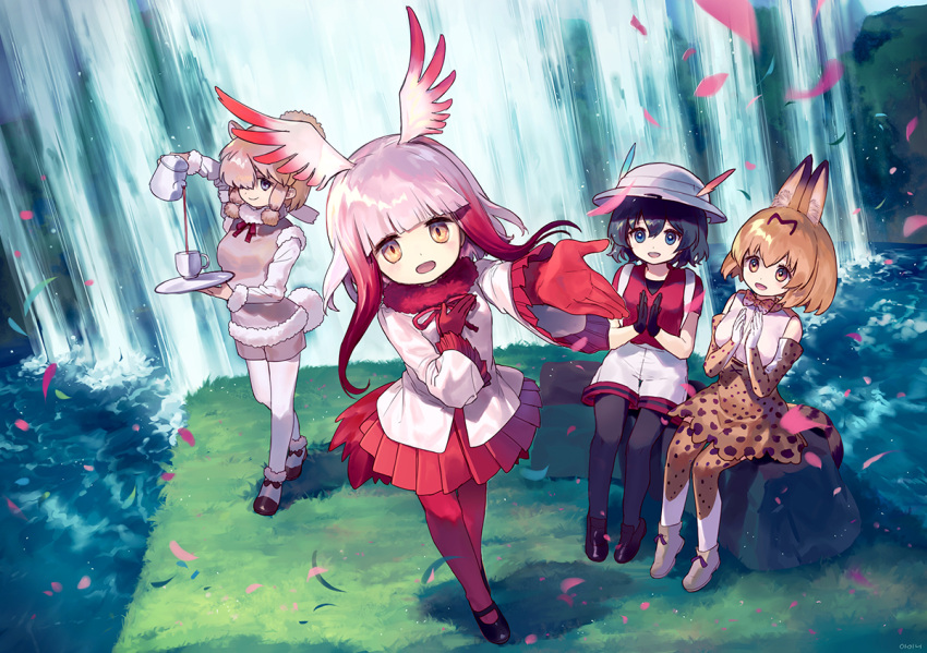 4girls :d ainy77 alpaca_suri_(kemono_friends) alpaca_tail animal_ears bangs black_hair black_legwear blonde_hair blue_eyes blunt_bangs boots bow bowtie bush clapping commentary_request cup day elbow_gloves fur_collar fur_trim gloves grass hair_over_one_eye hand_on_own_chest hat hat_feather head_wings high-waist_skirt japanese_crested_ibis_(kemono_friends) kaban_(kemono_friends) kemono_friends long_hair long_sleeves looking_at_viewer multicolored_hair multiple_girls music nature open_mouth outdoors outstretched_arm pantyhose pantyhose_under_shorts petals plate pleated_skirt pleated_sleeves pouring print_gloves print_legwear print_skirt red_gloves red_legwear red_shirt red_skirt redhead serval_(kemono_friends) serval_ears serval_print serval_tail shirt shoes short_hair shorts singing sitting skirt sleeveless sleeveless_shirt smile tail teacup teapot thigh-highs water waterfall white_hair yellow_eyes