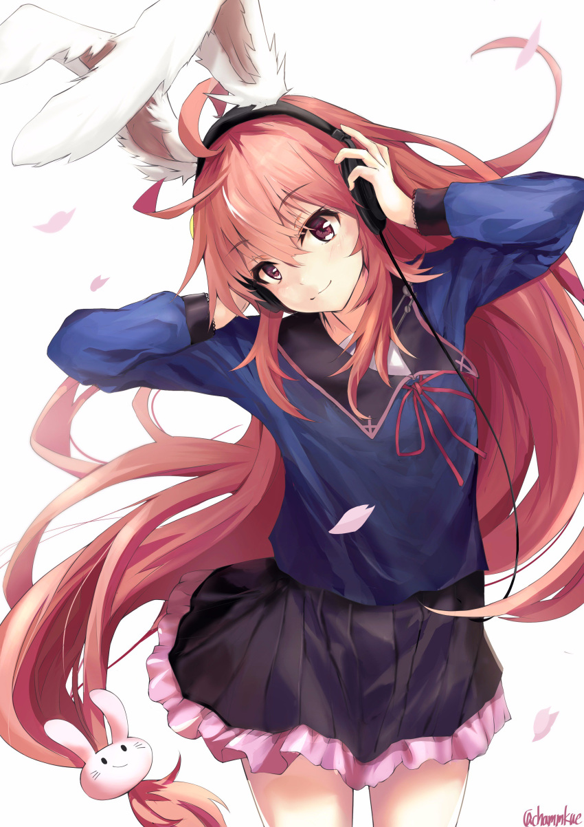 10s 1girl absurdres animal_ears chamu_(chammkue) cherry_blossoms eyebrows_visible_through_hair fake_animal_ears frilled_skirt frills grey_skirt hair_ornament headphones highres kantai_collection long_hair long_sleeves pleated_skirt purple_shirt redhead school_uniform serafuku shirt simple_background skirt solo twitter_username upper_body uzuki_(kantai_collection) very_long_hair violet_eyes white_background