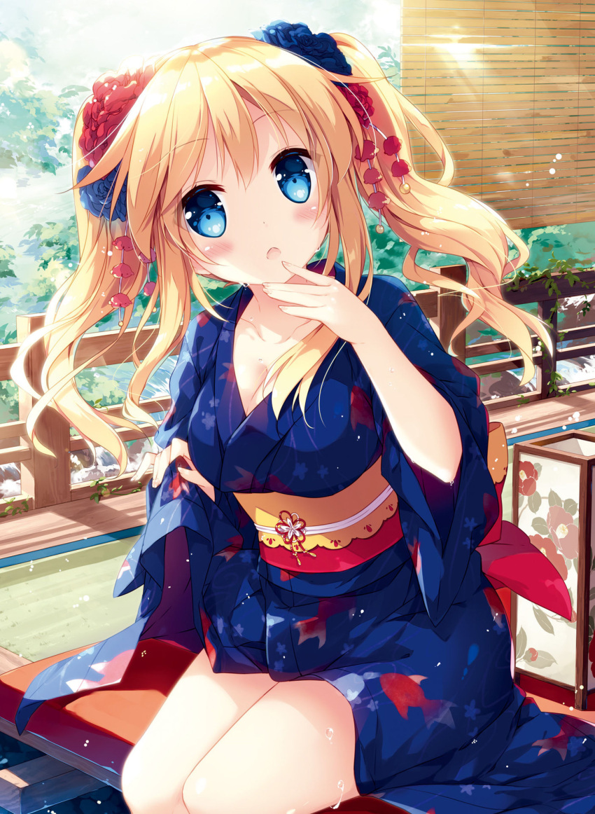 1girl :o animal_print bangs bare_legs blonde_hair blue_eyes blue_flower blue_kimono blush breasts cleavage collarbone cowboy_shot cropped day dengeki_moeou fingernails fish_print flower hair_flower hair_ornament hand_to_own_mouth highres indoors japanese_clothes kimono large_breasts lifted_by_self long_fingernails long_hair looking_at_viewer marimo_moka nail_polish obi open_mouth original pink_nails red_flower sash scan sitting skirt skirt_lift solo star star_print twintails veranda