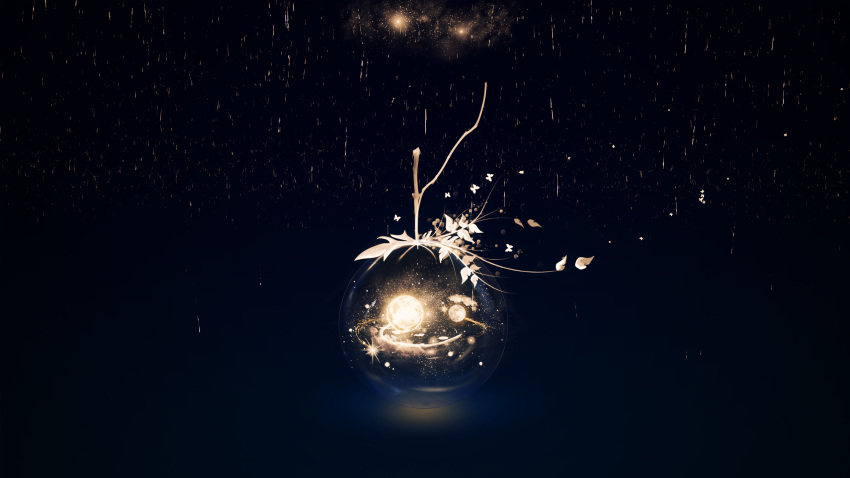 apple comet commentary dark food fruit highres leaf light light_particles no_humans original planet rain space star_(sky) surreal y_y_(ysk_ygc)