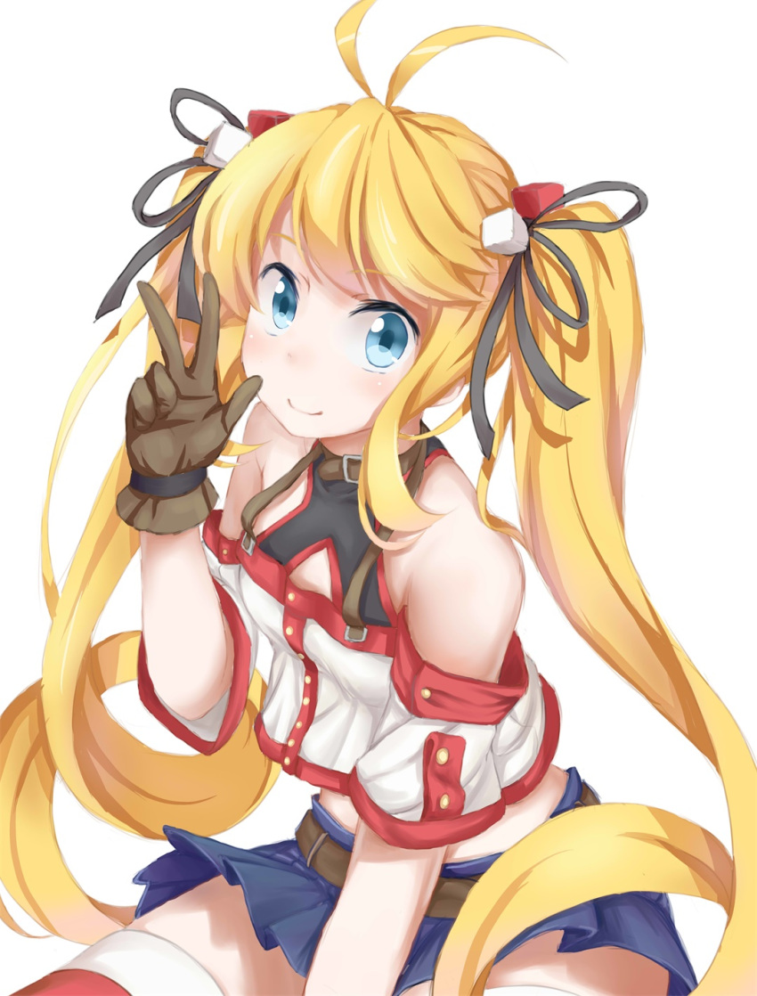 1girl andrea_doria_(zhan_jian_shao_nyu) antenna_hair bangs bare_shoulders black_ribbon blonde_hair blue_skirt brown_belt brown_gloves buttons closed_mouth cowboy_shot gloves hair_ribbon hand_up highres horizontal-striped_legwear jewelry long_twintails looking_at_viewer midriff multicolored multicolored_clothes multicolored_legwear neck_ring nima_jun pleated_skirt ribbon shirt short_sleeves shoulder_cutout sidelocks sitting skirt smile solo swept_bangs thigh-highs thighs twintails w white_background zhan_jian_shao_nyu