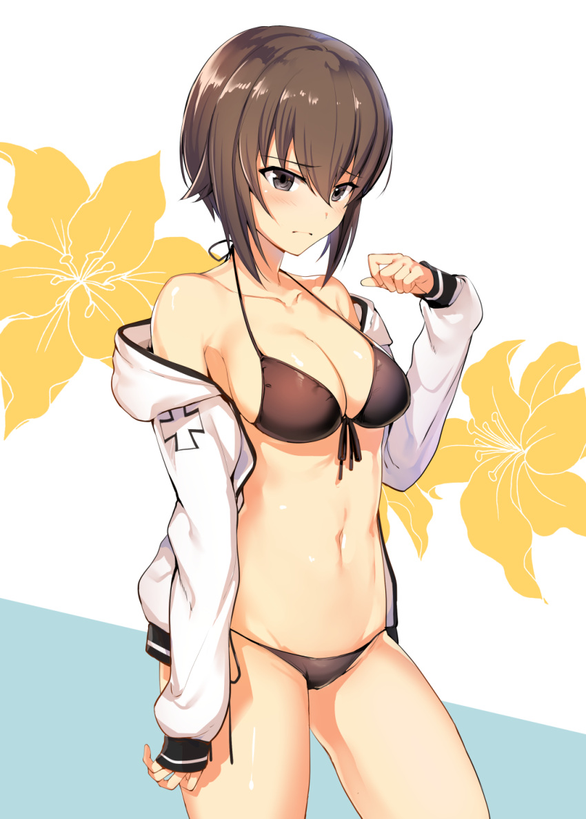 1girl arm_at_side bikini black_bikini black_eyes blush breasts brown_hair cleavage closed_mouth collarbone contrapposto cowboy_shot front-tie_bikini front-tie_top frown girls_und_panzer hair_between_eyes halterneck highres ikomochi medium_breasts navel nishizumi_maho off_shoulder short_hair side-tie_bikini simple_background sleeves_past_wrists solo swimsuit