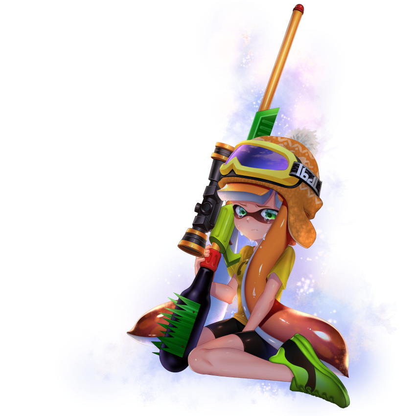 1girl absurdres bangs bento_splatterscope between_legs bike_shorts black_shorts blunt_bangs bobblehat closed_mouth commentary_request crying crying_with_eyes_open domino_mask from_side full_body furrowed_eyebrows goggles goggles_on_head green_eyes green_shoes gun hat highres holding holding_gun holding_weapon inkling long_hair looking_at_viewer looking_to_the_side mask monster_girl orange_hair orange_hat sad scope shiny shiny_hair shirt shoes short_sleeves shorts simple_background sitting ski_goggles sneakers solo splat_charger_(splatoon) splatoon t-shirt tears tentacle_hair wariza weapon white_background yellow_shirt yuitanpo
