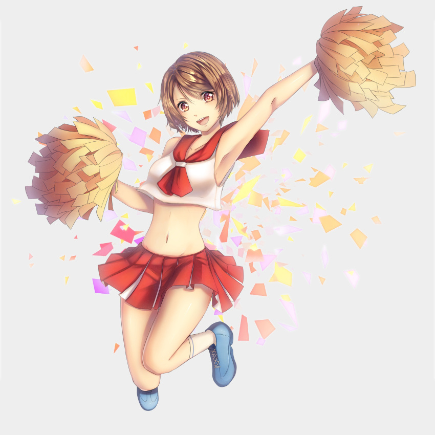 1girl absurdres armpits bare_shoulders blue_shoes breasts cheering cheerleader collarbone eyebrows_visible_through_hair full_body grey_background hair_between_eyes highres jumping looking_at_viewer meiko navel open_mouth outstretched_arm pom_poms red_eyes red_skirt redhead shoes skirt sneakers solo vocaloid white_legwear yen-mi