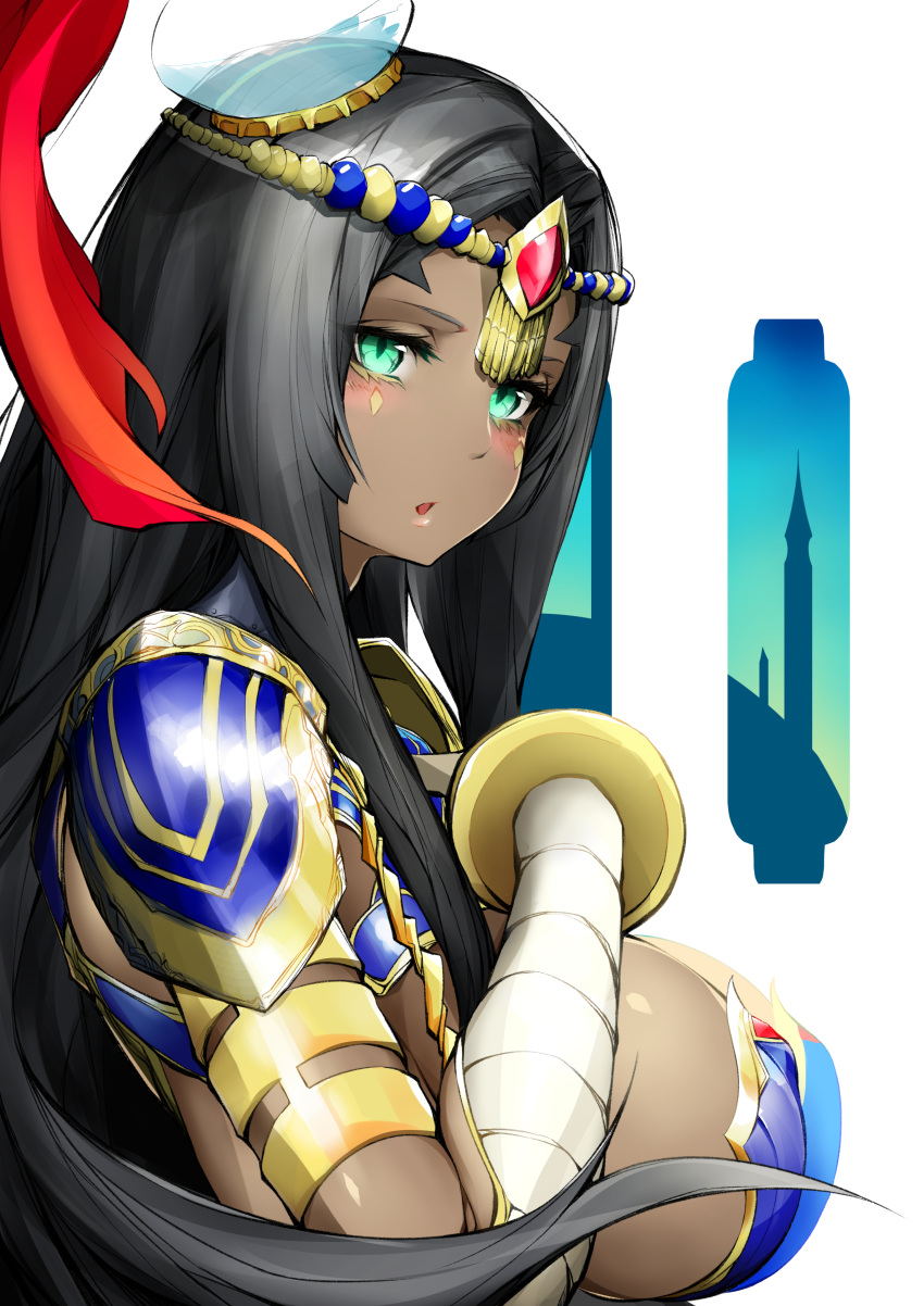 1girl absurdres black_hair blush breasts caster_of_the_nocturnal_castle circlet dark_skin fate/grand_order fate_(series) from_side green_eyes highres hiro_(yuto_noirm08) jewelry large_breasts long_hair looking_at_viewer open_mouth scheherazade_(fate/grand_order) solo upper_body