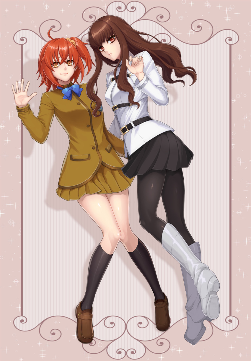 2girls bangs belt black_legwear black_skirt blazer blue_bow boots bow brown_eyes brown_hair brown_skirt cosplay costume_switch crossover fate/extra fate/extra_ccc fate/grand_order fate_(series) fujimaru_ritsuka_(female) fujimaru_ritsuka_(female)_(cosplay) full_body highres jacket kishinami_hakuno_(female) kishinami_hakuno_(female)_(cosplay) kneehighs loafers long_hair looking_at_viewer miniskirt multiple_girls orange_eyes pantyhose pleated_skirt redhead roki_(shouka65) school_uniform shoes short_hair side_ponytail skirt smile waving wavy_hair