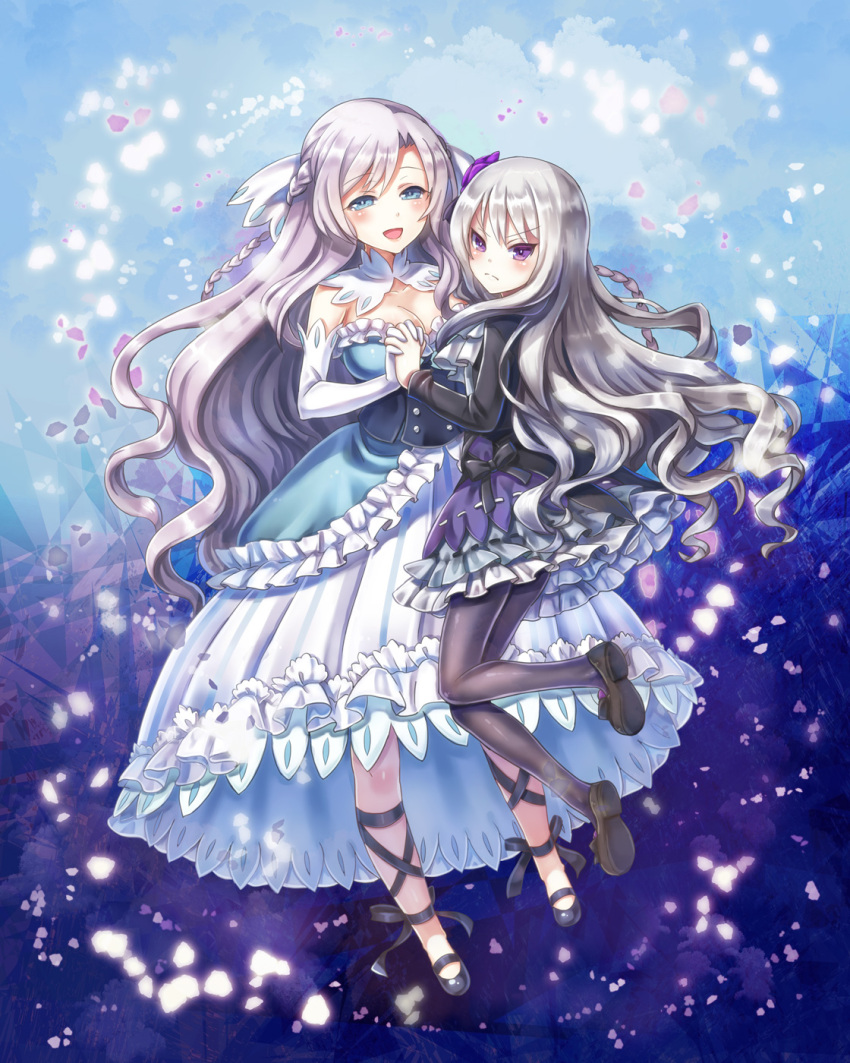 2girls :d black_dress black_legwear black_shoes blue_dress blue_eyes braid breasts bridal_gauntlets cleavage dress ensei frilled_dress frills frown gloves gothic_wa_mahou_otome hand_holding highres long_hair looking_at_viewer looking_back medium_breasts multiple_girls open_mouth pantyhose plumeria_(gothic_wa_mahou_otome) purple_hair rosalie_(gothic_wa_mahou_otome) shoes silver_hair smile violet_eyes white_gloves