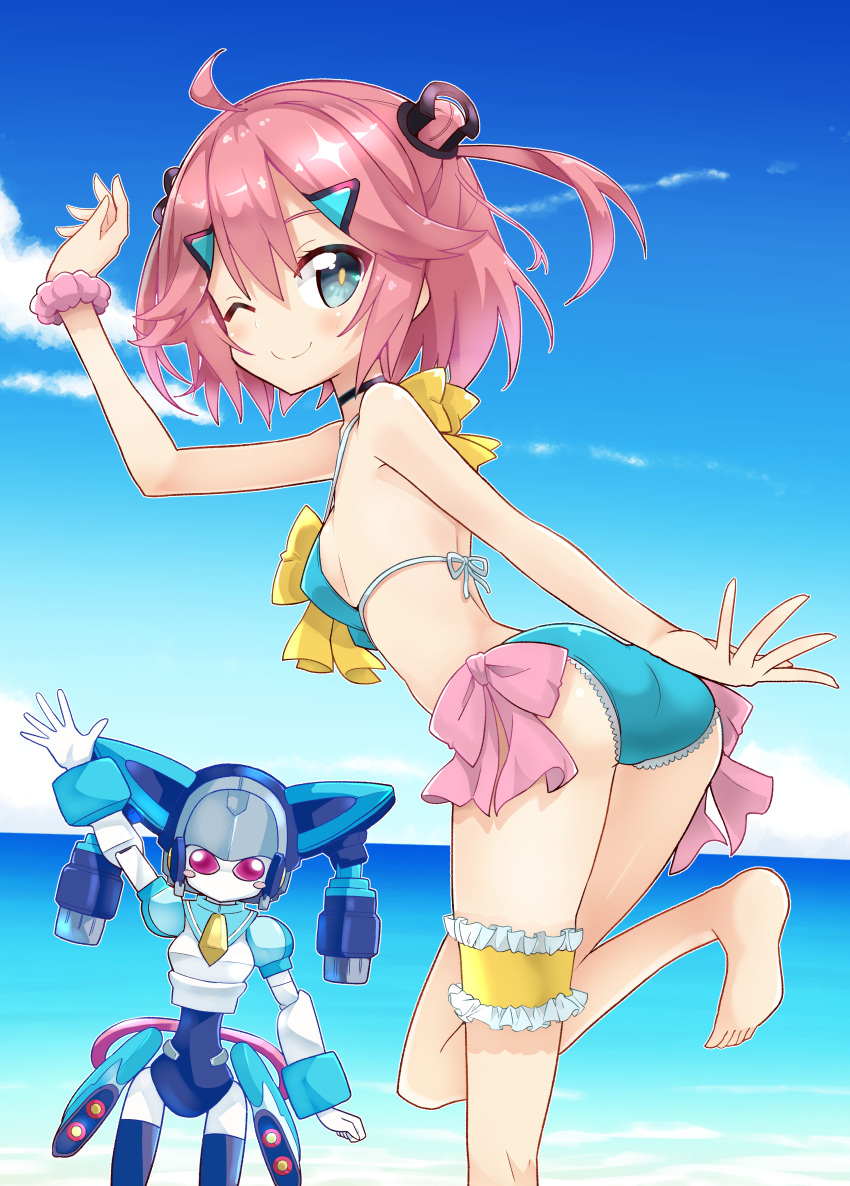 1girl absurdres ass barefoot blue_eyes blush breasts character_request choker highres looking_at_viewer medarot nanakusa_(user_rnpt7322) one_eye_closed pink_hair robot short_hair sideboob small_breasts smile swimsuit